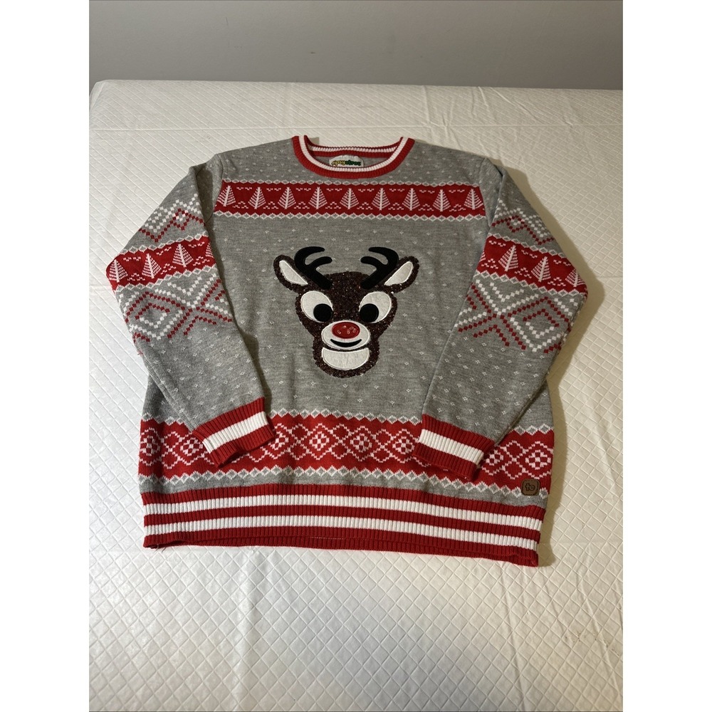 Tipsy Elves Official Rudolph Ugly Christmas Sweater Light Up Gray Works
